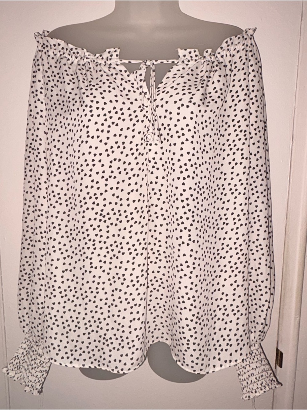 Max Studio White Off-Shoulder Blouse with Black Heart Dots